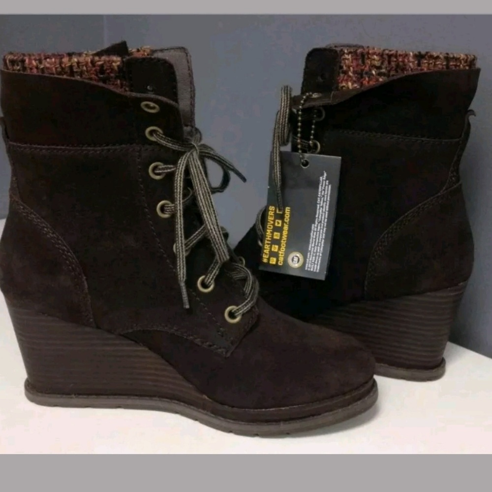 New! CAT Dark Brown Suede Lace Up Knit Cuff Accent